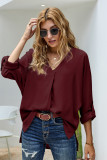 Wine V Neck 3/4 Sleeve High Low Hem Shirt