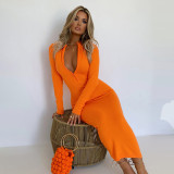 Plain Zipper Down Midi Bodycon Dress