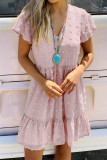 Pink Polka Dot V Neck Ruffled Short Sleeves Mini Dress