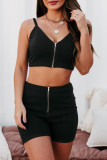 Black Ribbed Knit Zip-up Crop Top and High Waist Shorts Set