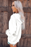 White Solid Ripped Hooded Sweatshirt with Kangaroo Pocket