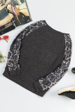 Gray Leopard Patch Ribbed Loose Long Sleeve Blouse