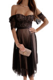 Black Dotted Lace Mesh Off Shoulder Evening Dress