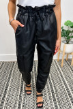 Black PU Leather Drawstring Elastic Waist Joggers