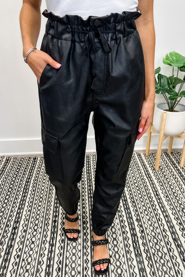 Black PU Leather Drawstring Elastic Waist Joggers