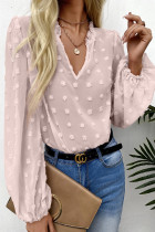 Pink Long Sleeve Button Fuzzy Polka Dot Blouse