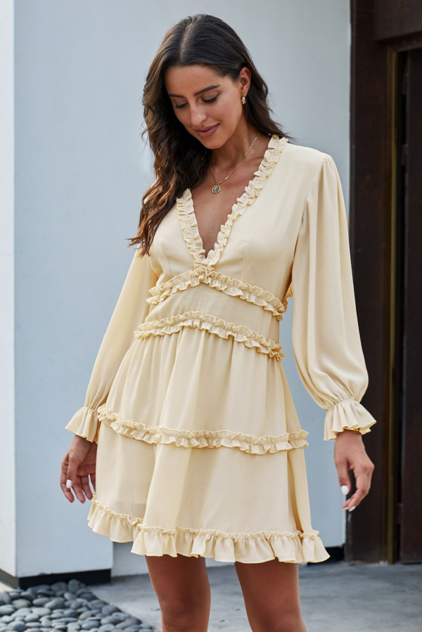 Beige V Neck Ruffle Detailing Open Back Dress