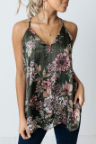 Green Floral Print V Neck Spaghetti Strap Tank Top