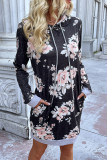 Black Floral Print Hooded Dress