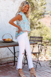 Sky Blue Floral Print Ruffled Crew Neck Sleeveless Top