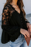Black V Neckline Lace Shoulder Patchwork Blouse