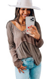 Khaki Ribbed Patchwork V Neck Long Sleeve Top