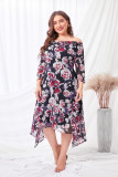 Black Plus Size Crewneck Half Sleeve Floral Midi Dress