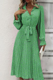 Button Down Pleated Ruffles Waistband Floral Midi Dress