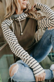 Green Striped Inclined Zipper Drawstring Kangaroo Pocket Hoodie
