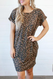 Leopard Short Sleeve Backless Pocketed Mini Dress