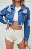 Blue Ripped Open Button Short Length Denim Jackets