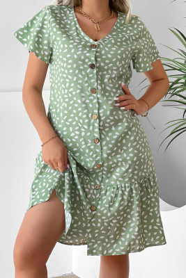 Spot Print Button Down Ruffle Hem Mini Dress