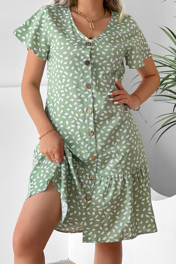 Spot Print Button Down Ruffle Hem Mini Dress