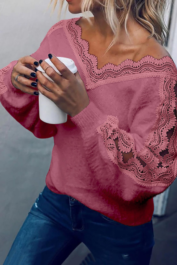 Pink Lace Splicing V Neck Pullover Sweater