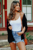 Black Ribbed Open Front Knit Cardigan