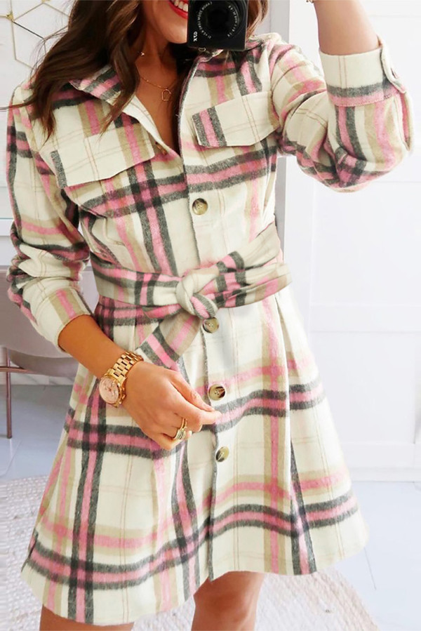 Pink Plaid Button Pocket Shirt Mini Dress