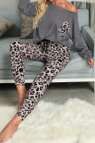 Gray Casual Long Sleeve Leopard Pants Loungewear Set