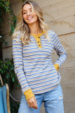 Striped Knit Button Neck Long Sleeve Top