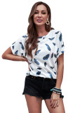 White Feather Print Short Sleeve Tee