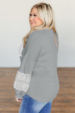 Gray Lace Patchwork Waffle Knit Plus Size Blouse