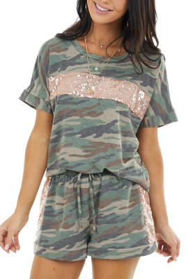 Jungle Green Camo Sequin Short Sleeve and Shorts Lounge Set