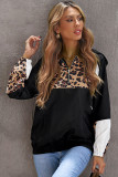 Black Leopard Print Contrast Stitching Hoodie
