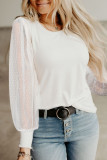 White Round Neck Dotted Lantern Sleeve Top