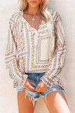 Beige V Neck Lantern Sleeve Drawstring Tribal Print Top