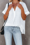 White Plaid Print Loose V Neck Short Sleeve Shirt with Slits