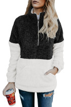 Black White Zip Neck Oversize Fluffy Fleece Pullover