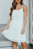 White Swiss Dot Spaghetti Drawstring Mini Dress