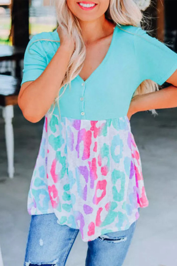 Sky Blue Leopard Color Block Buttoned V Neck T Shirt