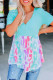 Sky Blue Leopard Color Block Buttoned V Neck T Shirt