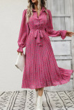 Button Down Pleated Ruffles Waistband Floral Midi Dress