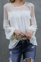 White Fashion Lantern-Sleeve Lace Patchwork Top