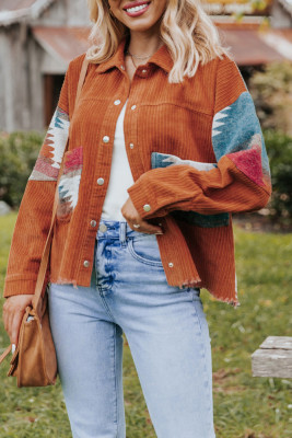 Brown Open Button Aztec Patchwork Corduroy Jackets