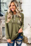 Green Waffle Elbow Patch Buttoned Long Sleeve Top