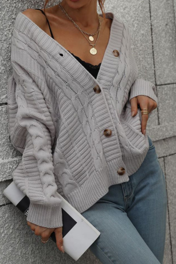 Open Front Button Cable Knit Cardigan