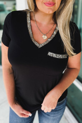 Black Sequin Trim V Neck Chest Pocket Plus Size Tee