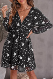 Black V Neck Star Pattern Tunic Dress