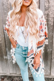 Floral Print Tassel Half Sleeve Open Front Kimono