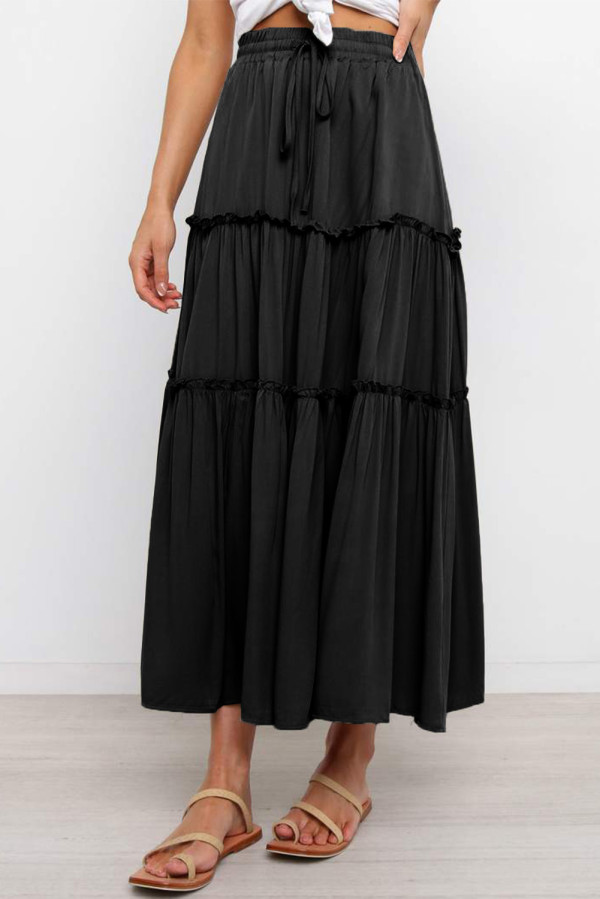 Black Solid Layered Ruffled Drawstring High Waist Maxi Skirt