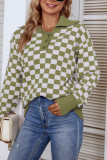 Plaid Checked Turndown Collar Button Sweater