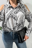 Black White Paisley Print Open Button Cold Shoulder Long Sleeves Shirts